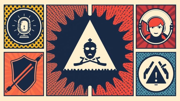 Retro digital artwork with mystery, communication, media, security, and caution symbols.