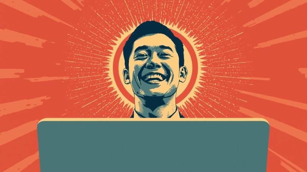 Privacy-focused user smiling behind laptop with vibrant pop art background