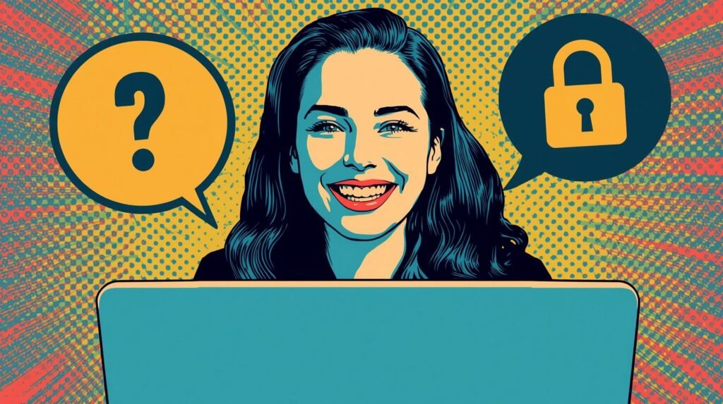 Pop art woman smiling at laptop with privacy and security symbols