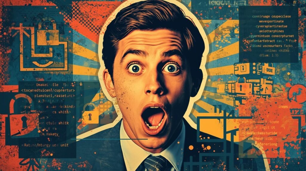 Surprised man in vibrant suit with digital cybersecurity and technology background.