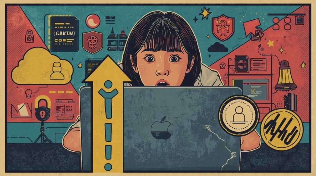 Young girl surprised by hacked Epic Games account, surrounded by technology and security symbols.