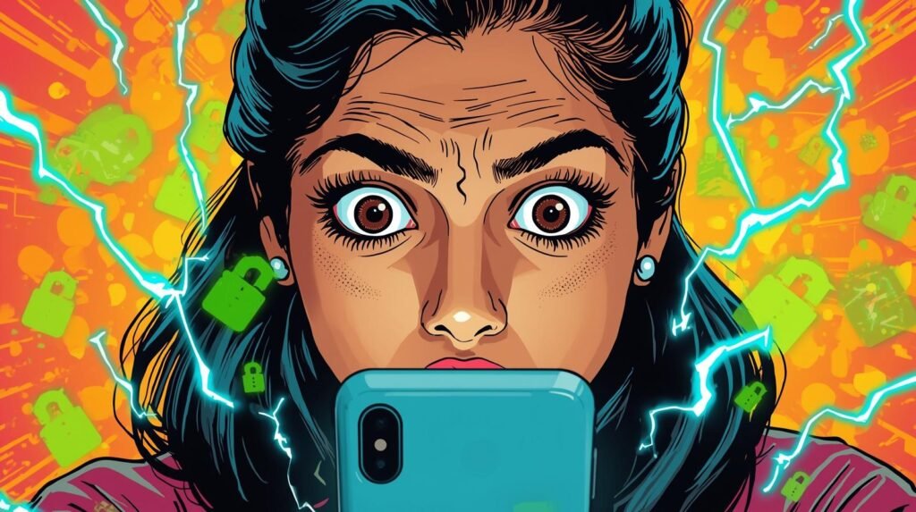 Woman shocked by smartphone; digital chaos, security breach with lightning and padlocks.