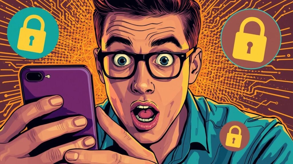 Shocked person with smartphone, digital privacy icons, vibrant pop art style.