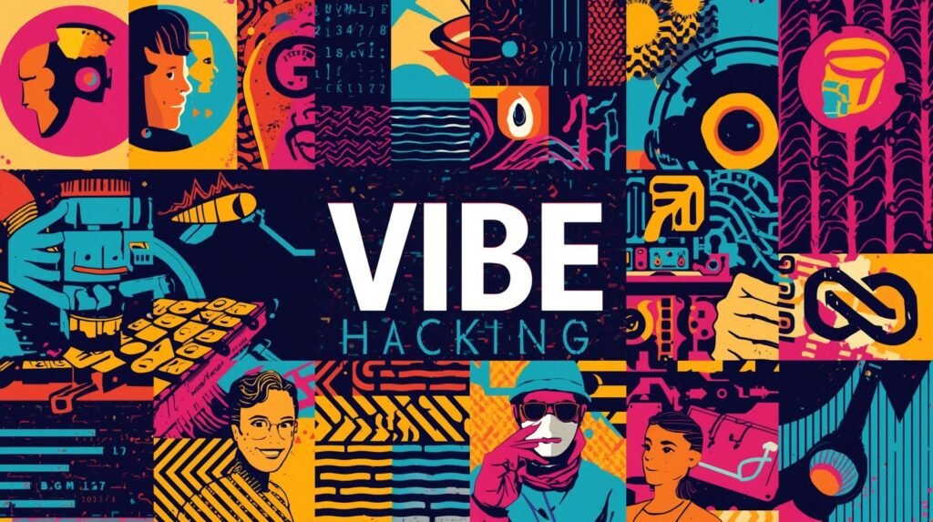 Vibe Hacking Explained: Why Blind Trust in AI Is Dangerous 🧠 4 Vibrant collage of digital identity, cyber culture, and human-tech interaction.