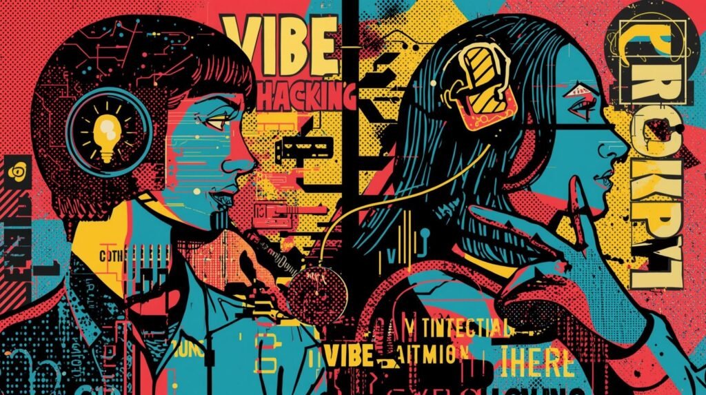 Vibe Hacking Explained: Why Blind Trust in AI Is Dangerous 🧠 5 Pop art profiles with vibrant colors, technology motifs, and VIBE HACKING text.