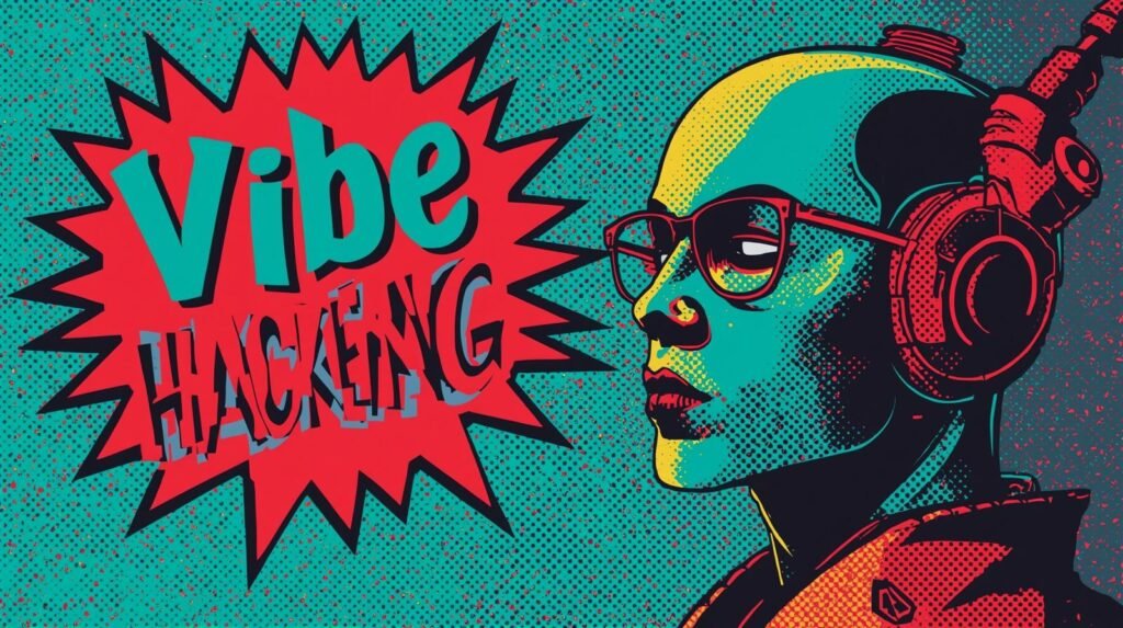 Pop art illustration of futuristic character with headphones, titled Vibe Hacking.