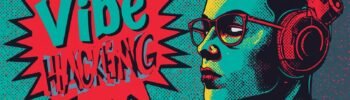 Pop art illustration of futuristic character with headphones, titled Vibe Hacking.