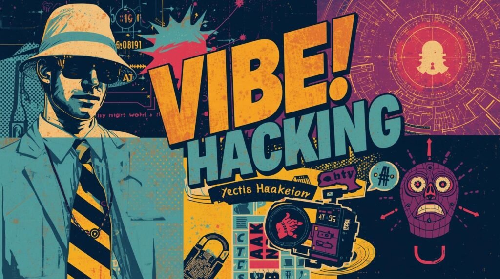 Vibe Hacking Explained: Why Blind Trust in AI Is Dangerous 🧠 6 Retro futurism and pop art collage with VIBE! Hacking text, detective figure, tech symbols.
