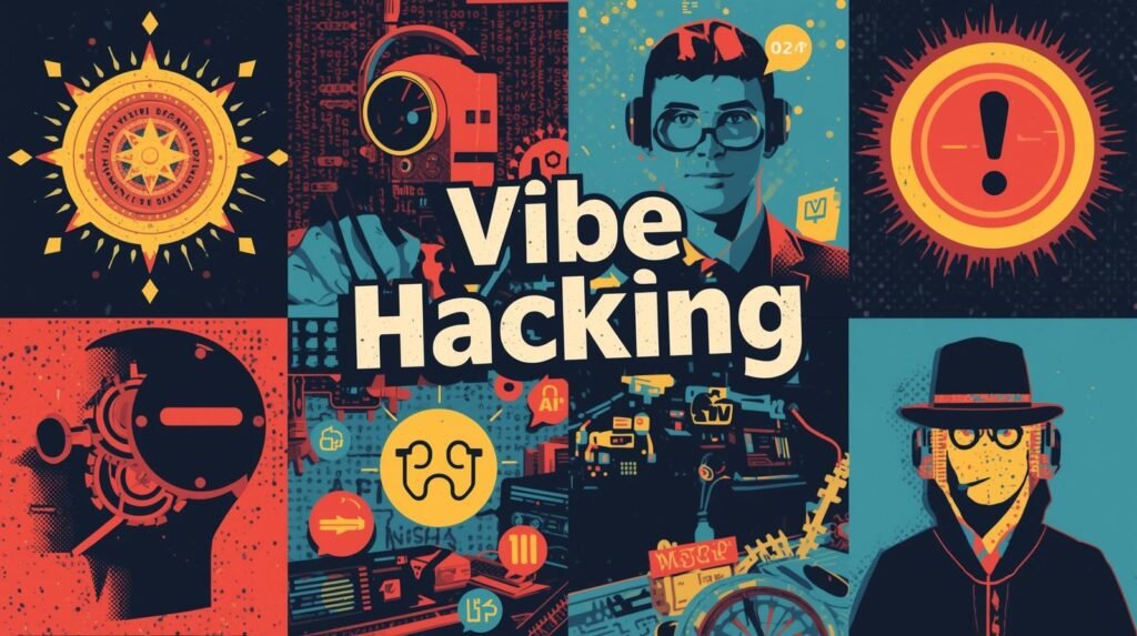 Vibe Hacking Explained: Why Blind Trust in AI Is Dangerous 🧠 3 Vibrant digital collage with Vibe Hacking theme, mixing technology, counterculture, and mysticism.