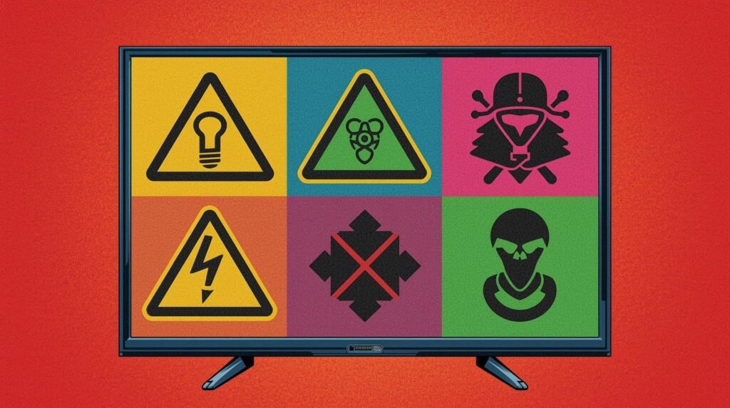 Television displaying a grid of colorful hazard symbols against a vivid red background.
