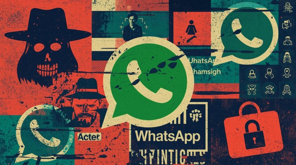 WhatsApp logos with cyber-themed artwork; distressed textures emphasize digital security and surveillance themes.