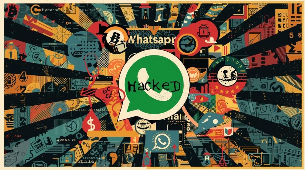 WhatsApp hacked collage: cybersecurity breach, Bitcoin theft, digital chaos, technology disruption.
