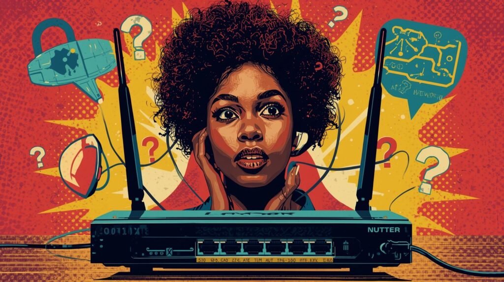 Woman wearing earphones with concerned expression, router, network symbols, technology and confusion theme.