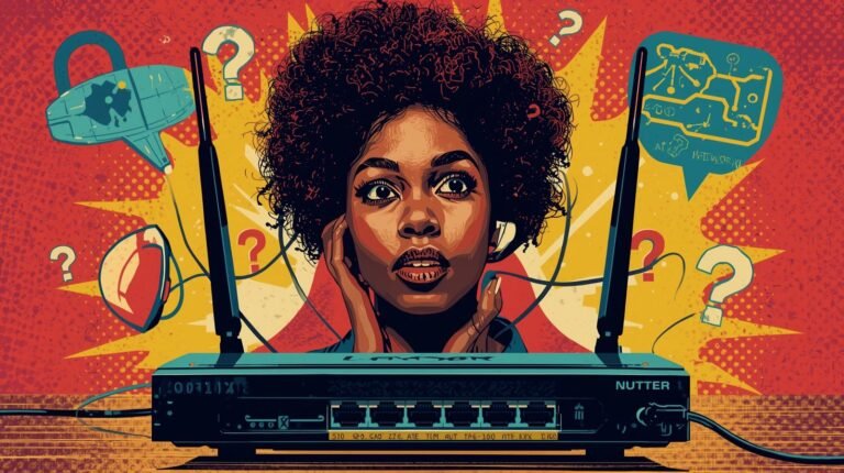 Woman wearing earphones with concerned expression, router, network symbols, technology and confusion theme.