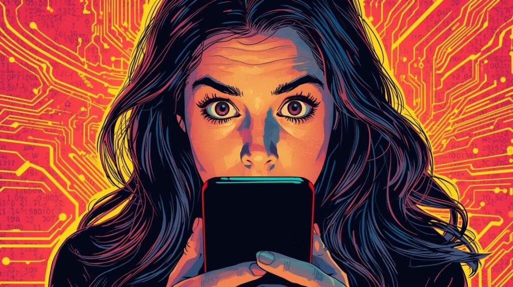 Woman absorbed in smartphone with neon circuit backdrop, symbolizing tech influence.