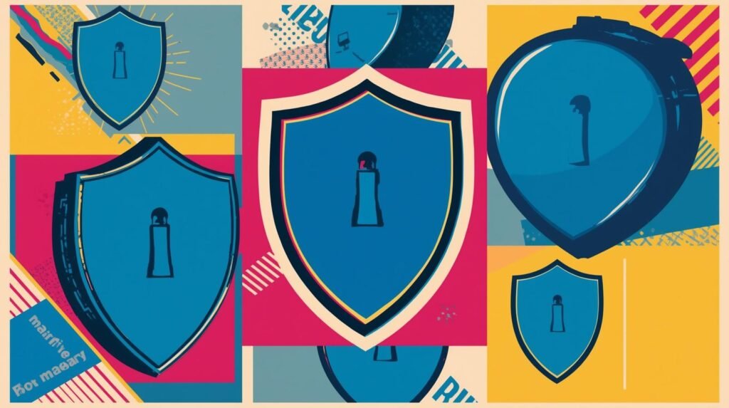 Colorful collage with blue shields symbolizing security, related to Malwarebytes protection and features.