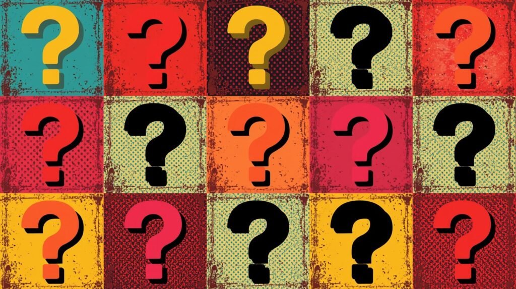 Colorful grid of question marks with vibrant pop art style.