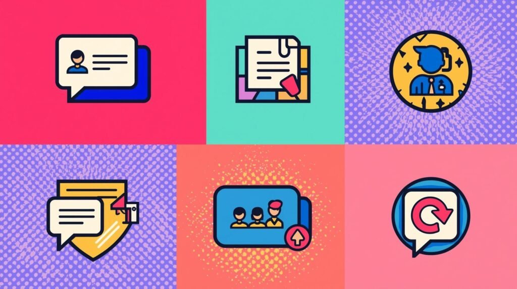 Colorful icons representing team communication and secure chat features in Troop Messenger app.