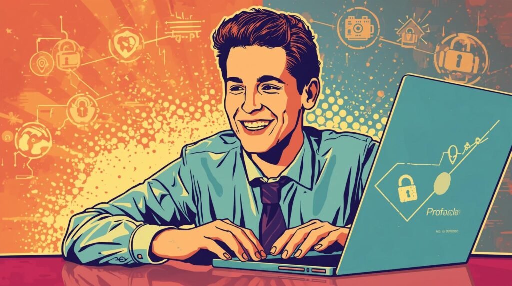 Man using laptop, illustrating NordVPN cybersecurity themes with vibrant digital icons.