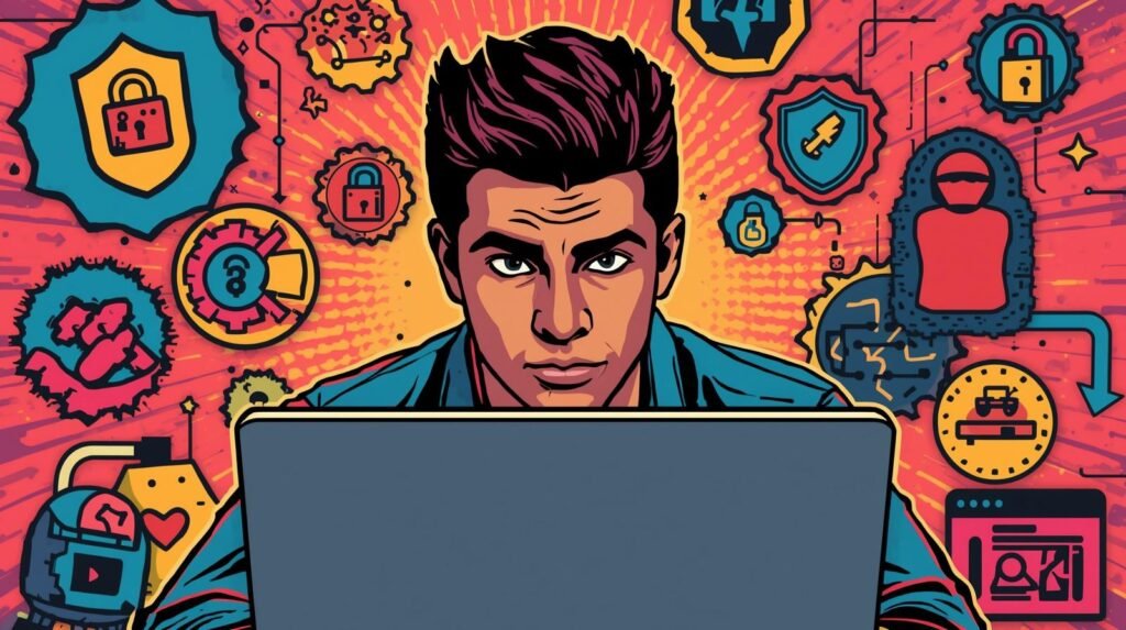 Young man at laptop tackling cybersecurity, highlighting bare metal vs VM themes.