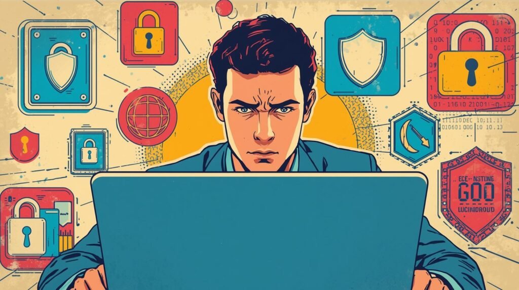 Man focused on computer amid cybersecurity symbols; bare metal vs VM discussion.