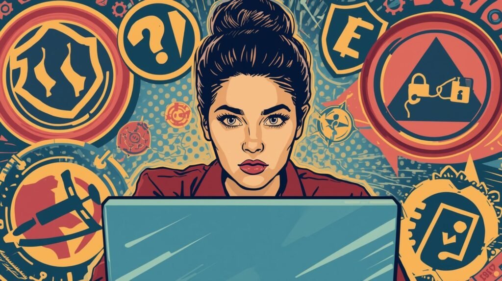 Woman focused on laptop, surrounded by icons symbolizing digital security and technology.