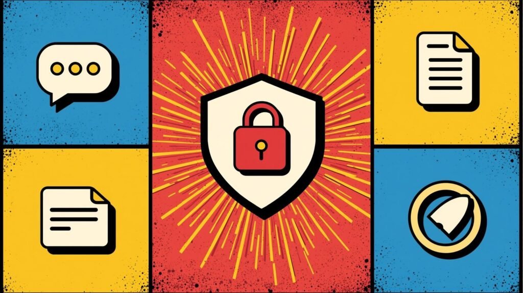 Secure communication icons with shield, padlock, documents, and chat on colorful backgrounds.