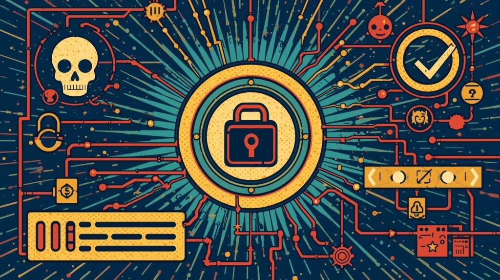 Cybersecurity illustration featuring digital security, cyber threats, and network analysis symbols.