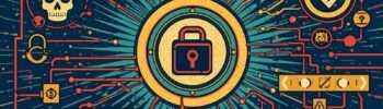 Cybersecurity illustration featuring digital security, cyber threats, and network analysis symbols.