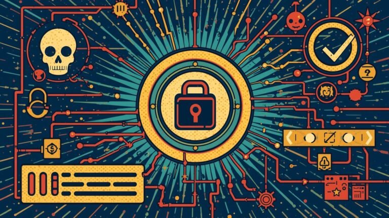 Cybersecurity illustration featuring digital security, cyber threats, and network analysis symbols.