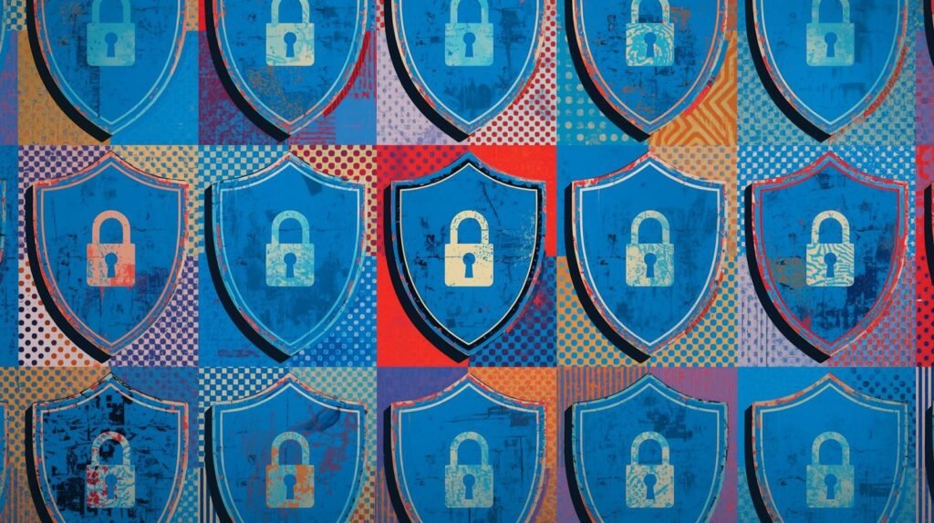 Blue shields with padlocks on colorful background, enhancing Malwarebytes security and privacy themes.