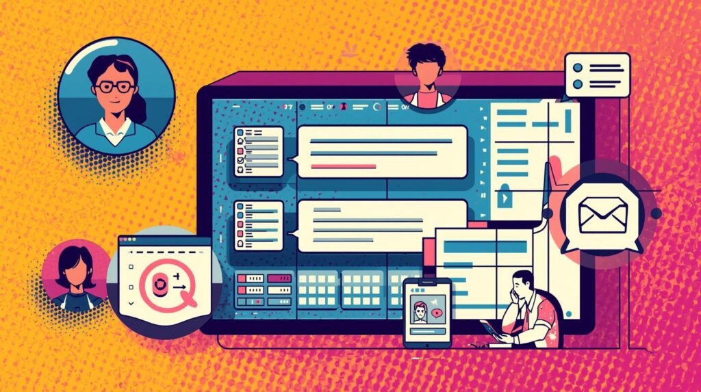 Modern digital communication illustration featuring Troop Messenger team chat elements and user interfaces.