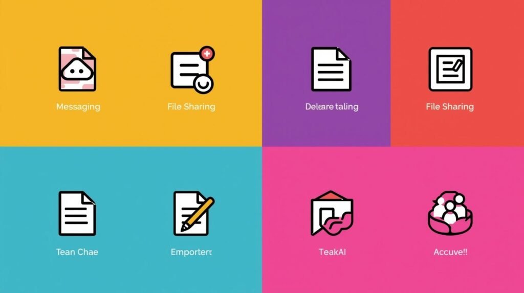 Troop Messenger features grid: messaging, file sharing, document editing, and team collaboration tools.