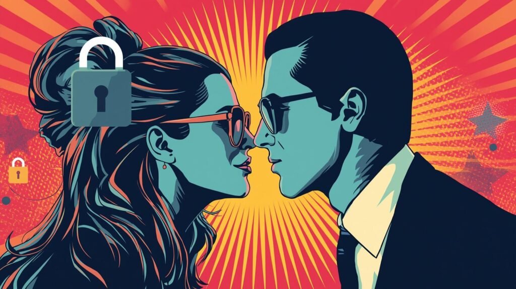 Pop art couple with sunglasses, padlocks signify online dating security and scams.