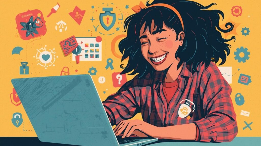 Young woman joyfully using laptop, tech symbols, possible NordVPN plans exploration.