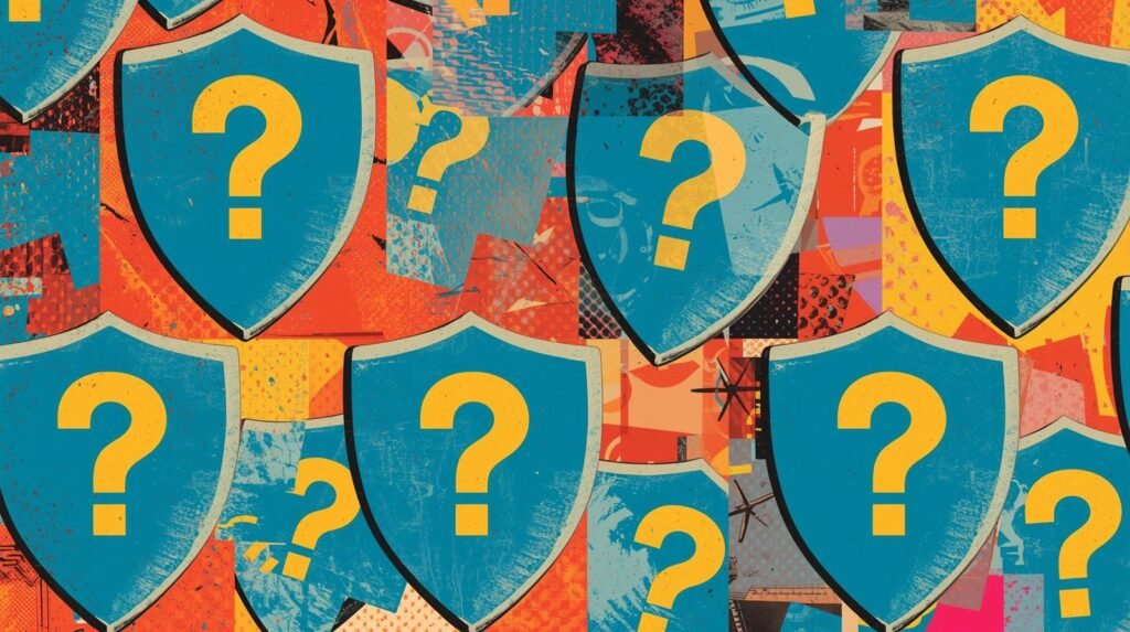 Blue shields with question marks, symbolizing Malwarebytes protection and inquiry over colorful abstract background.