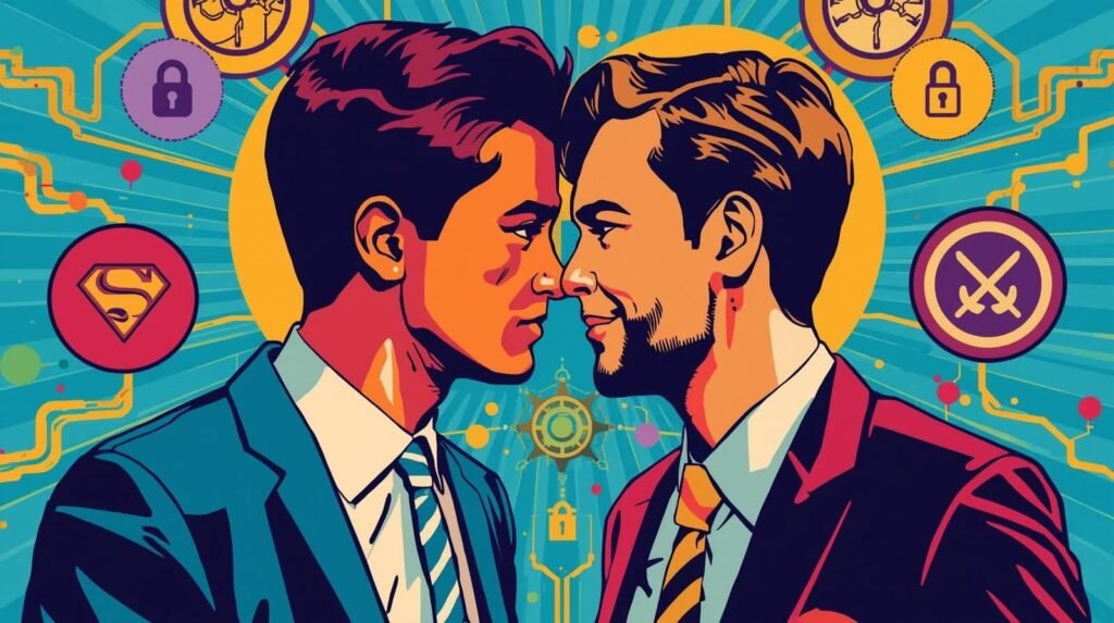 Illustration of two men facing each other with symbolic icons, highlighting online dating scams.