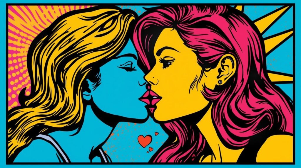 Pop art kiss illustration with vibrant colors, highlighting themes of love and connection.