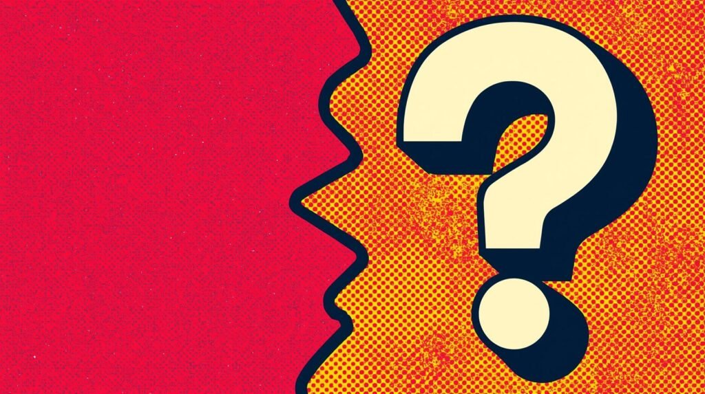 Pop-art style question mark highlighting online dating scams and security red flags.