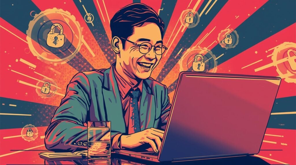 Professional using laptop in secure digital workspace with vibrant colors and cybersecurity symbols.