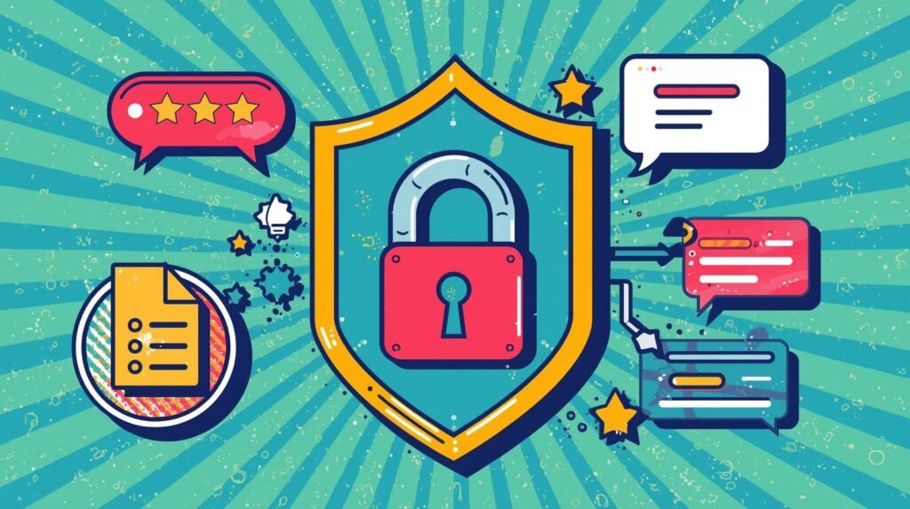 Secure office chat app with shield, padlock, and communication symbols for data privacy.