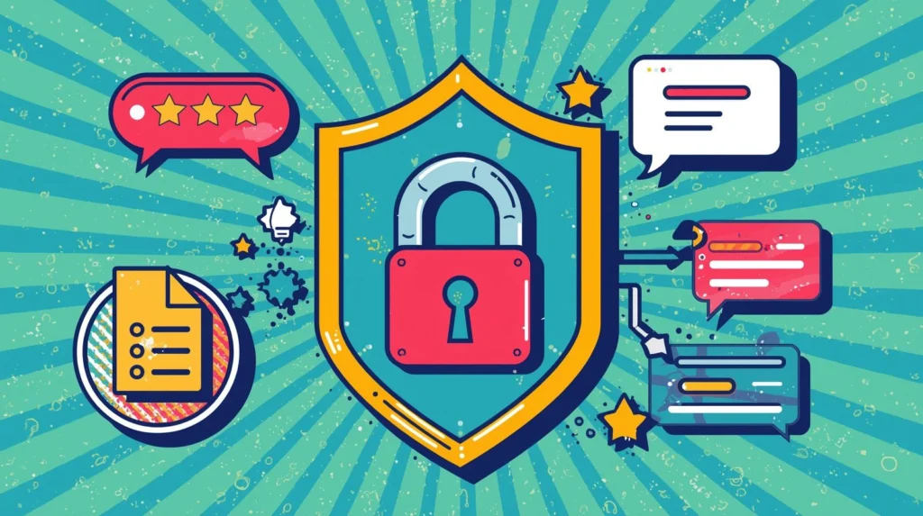Secure office chat app with shield, padlock, and communication symbols for data privacy.