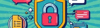 Secure office chat app with shield, padlock, and communication symbols for data privacy.