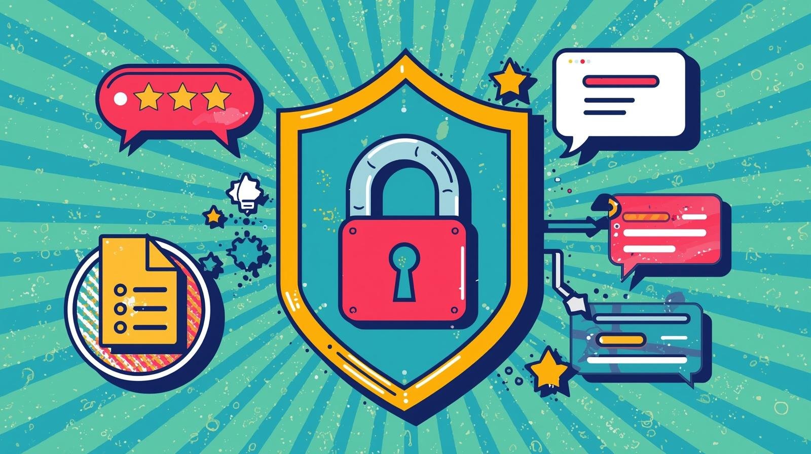 Secure office chat app with shield, padlock, and communication symbols for data privacy.
