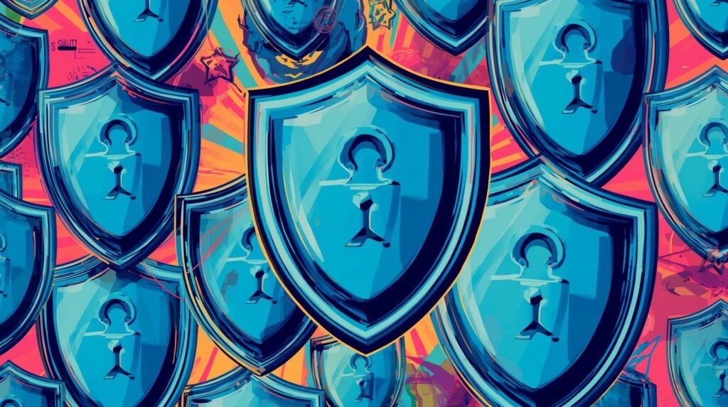 Stylized shields symbolizing Malwarebytes protection with vibrant colors and keyhole icons.