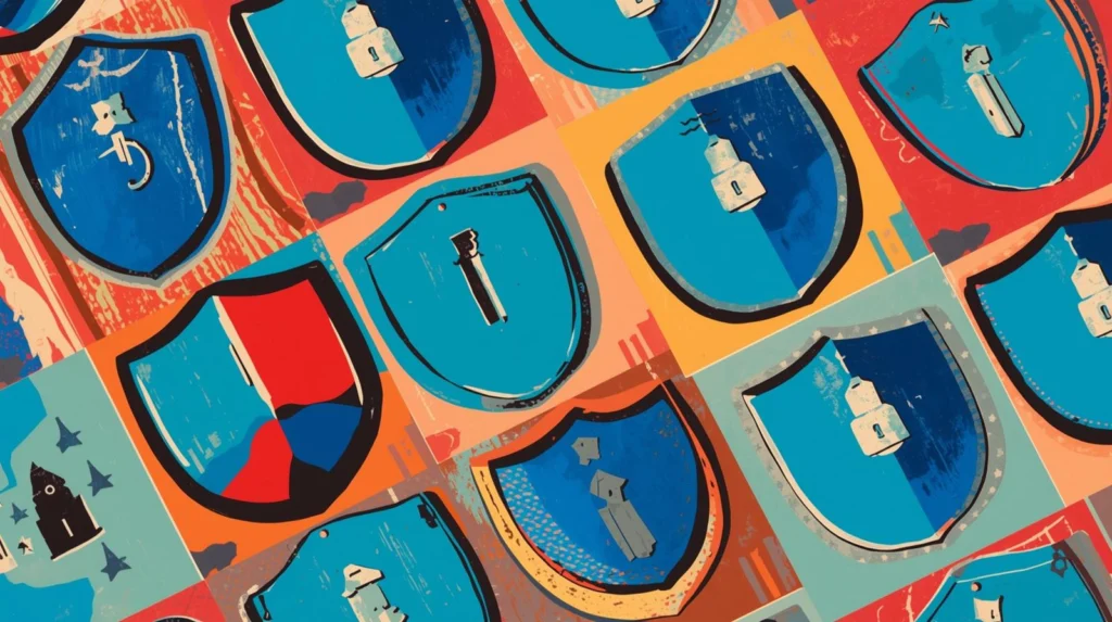 Colorful shield collage representing security, protection with abstract designs. Malwarebytes theme.