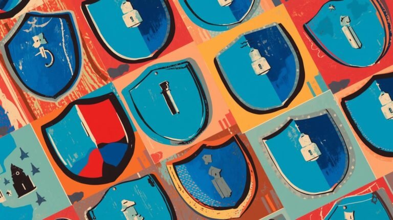Colorful shield collage representing security, protection with abstract designs. Malwarebytes theme.