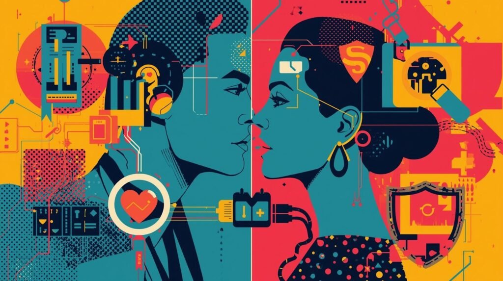 Futuristic profiles exploring online dating scams and digital connections.