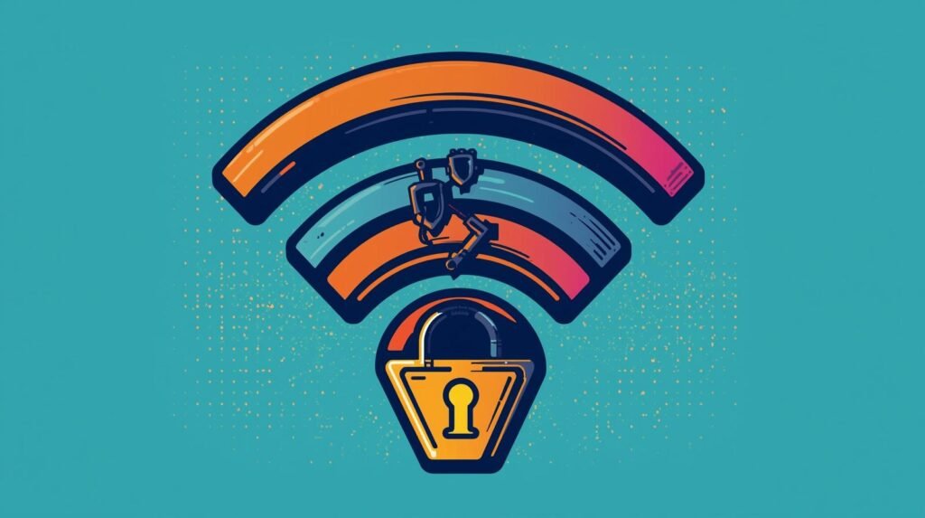 Wi-Fi security symbol with padlock, showcasing connectivity and cybersecurity themes.
