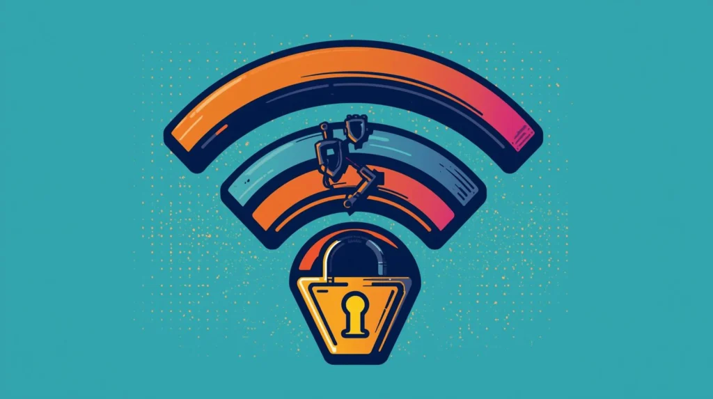 Wi-Fi security symbol with padlock, showcasing connectivity and cybersecurity themes.
